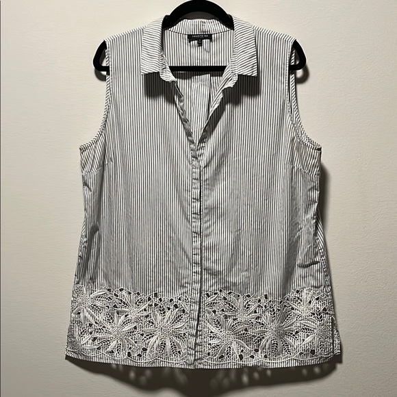 Lafayette 148 New York Tops - LAFAYETTE 148 Blue and White Stripe Sleeveless Blouse, Embroidered Hem, Size L